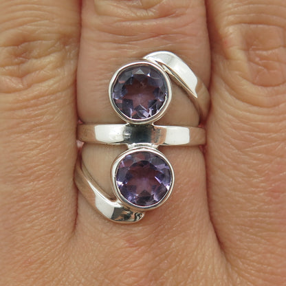 925 Sterling Silver Vintage Real Amethyst Gemstone Modernist Ring Size 7.25