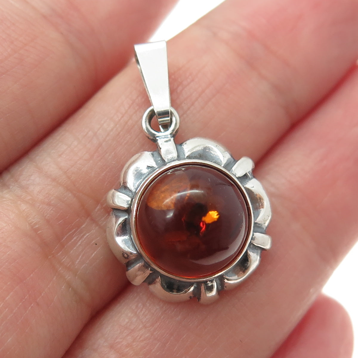 925 Sterling Silver Vintage Real Amber Flower Minimalist Pendant