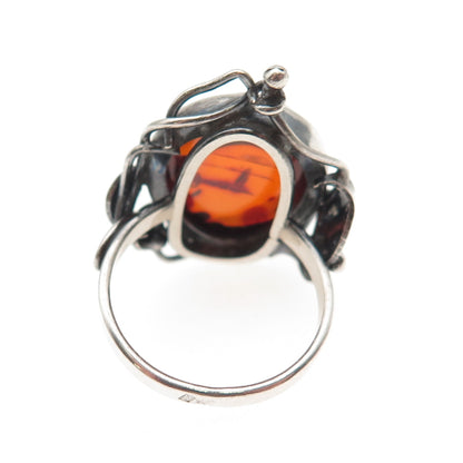 800 Silver Vintage Poland Real Amber Modernist Oxidized Ring Size 7.5
