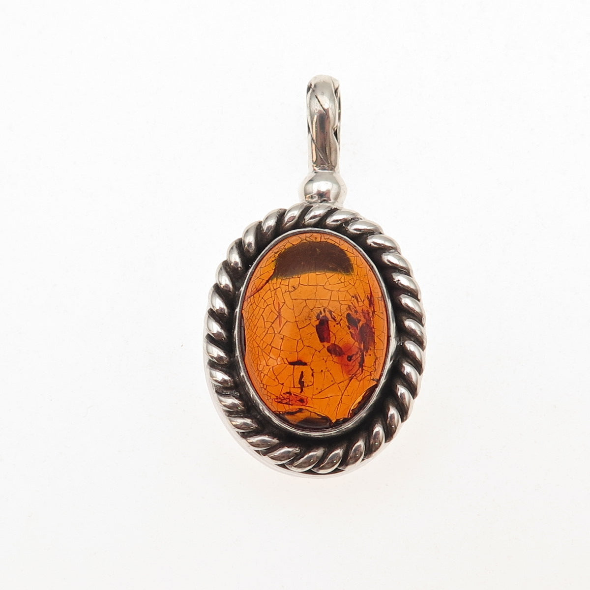 Suarti Bali 925 Sterling Silver Vintage Real Amber Oxidized Charm Pendant