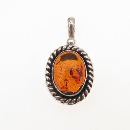 Suarti Bali 925 Sterling Silver Vintage Real Amber Oxidized Charm Pendant