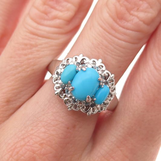 925 Sterling Silver Real Sleeping Beauty Turquoise & Blue Topaz Ring Size 8.25