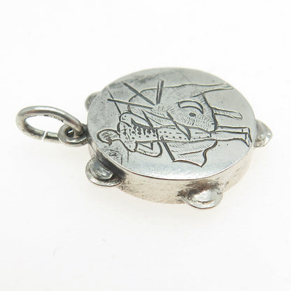 925 Sterling Silver Vintage Engraved Matador Hand Drum Charm Pendant