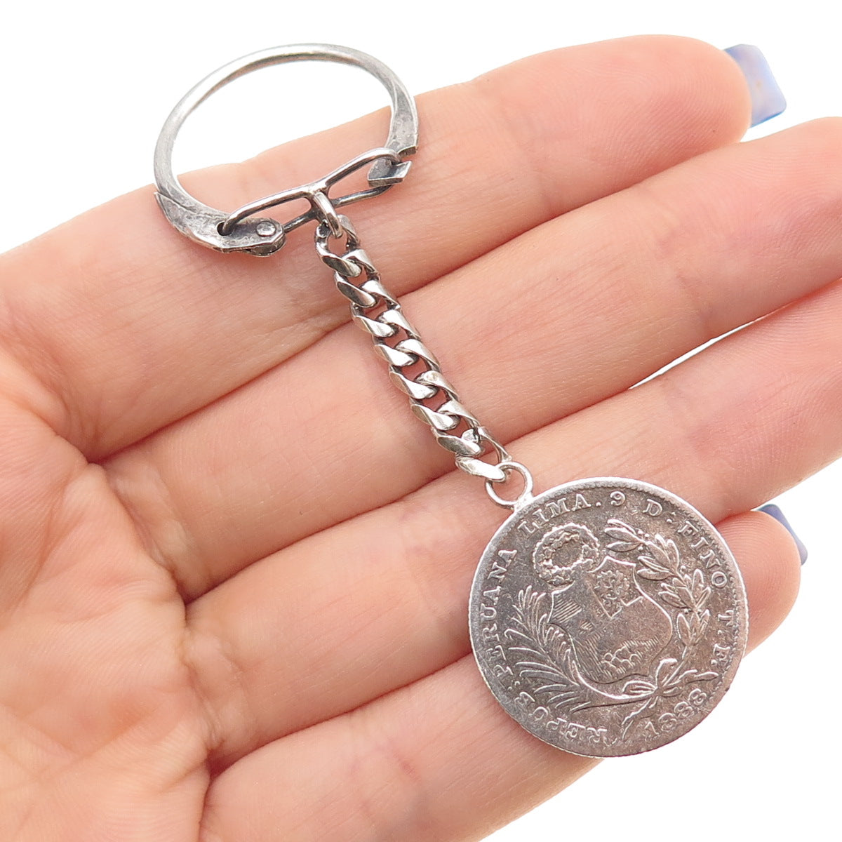 925 Sterling & 900 Coin Silver Antique 1888 Peru 1/5 Sol Key Fob Chain