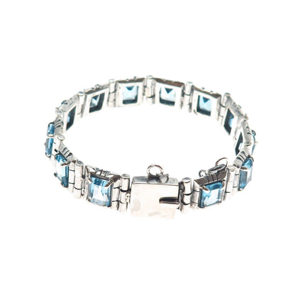 AF DESIGN Sterling Silver Vintage Blue Topaz Modernist Panel Link Bracelet 7.5"