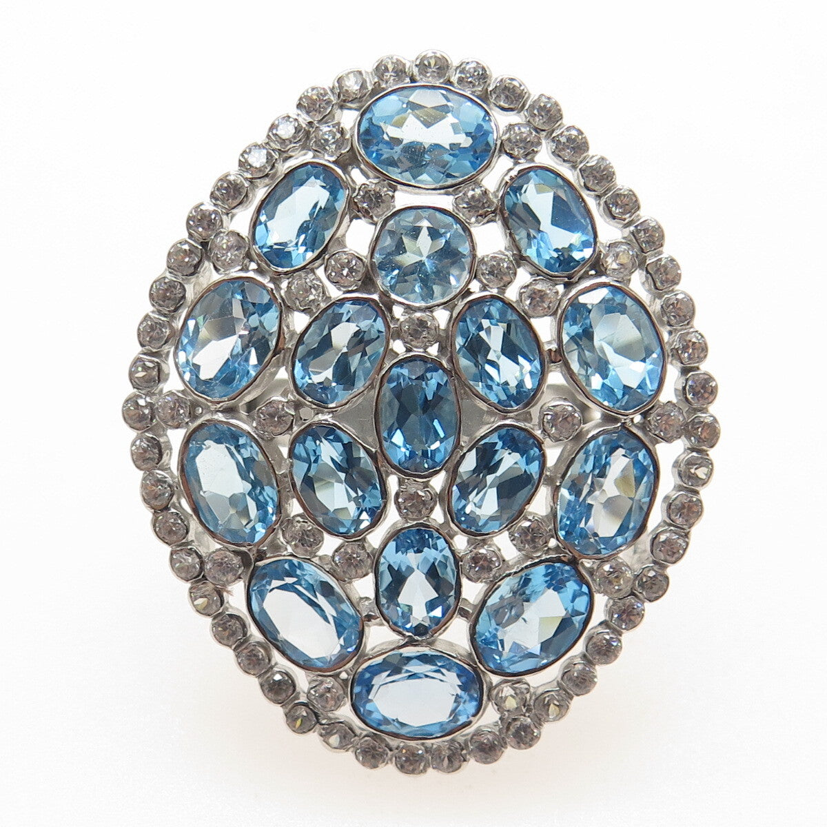 925 Sterling Silver Real Oval-Cut Blue Round-Cut White Topaz Cluster Ring Size 7