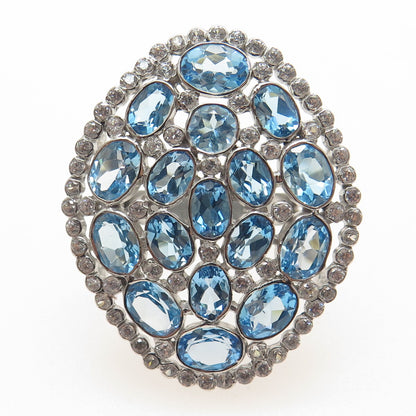925 Sterling Silver Real Oval-Cut Blue Round-Cut White Topaz Cluster Ring Size 7