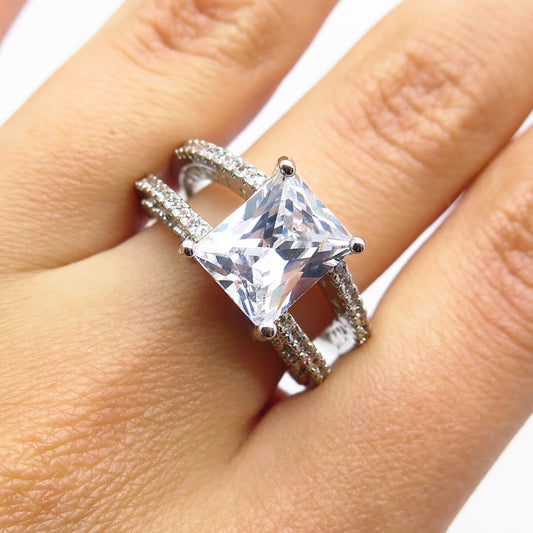 925 Sterling Silver Vintage Emerald-Cut C Z Ring Size 7