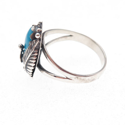 Old Pawn Sterling Silver Vintage Sleeping Beauty Turquoise Feather Ring Size 8.5
