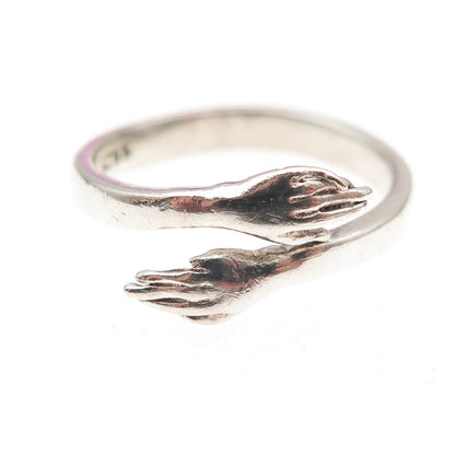 925 Sterling Silver Vintage Hug Oxidized Adjustable Ring Size 8.5