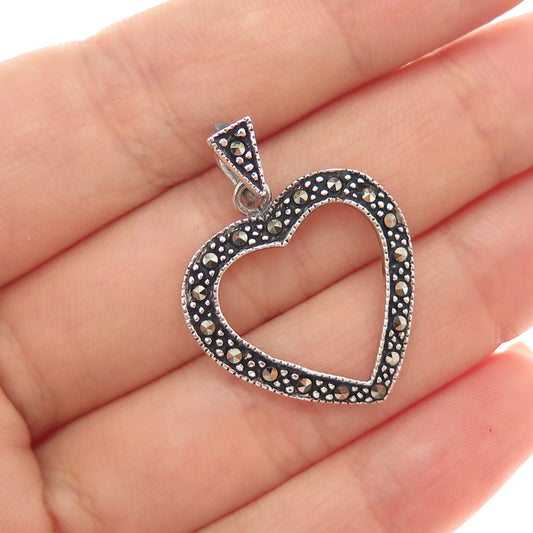 925 Sterling Silver Vintage Real Marcasite Open Heart Oxidized Charm Pendant