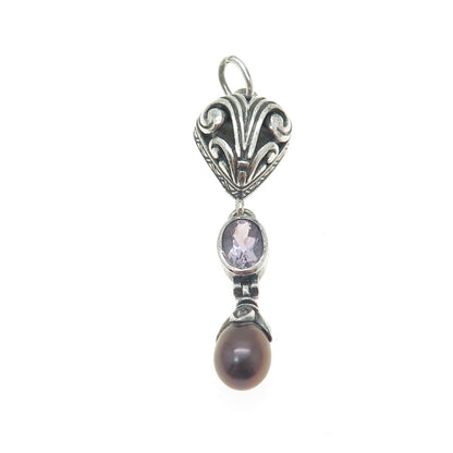 CHAPAL ZENRAY 925 Sterling Silver Vintage Real Pearl & Amethyst Oxidized Pendant