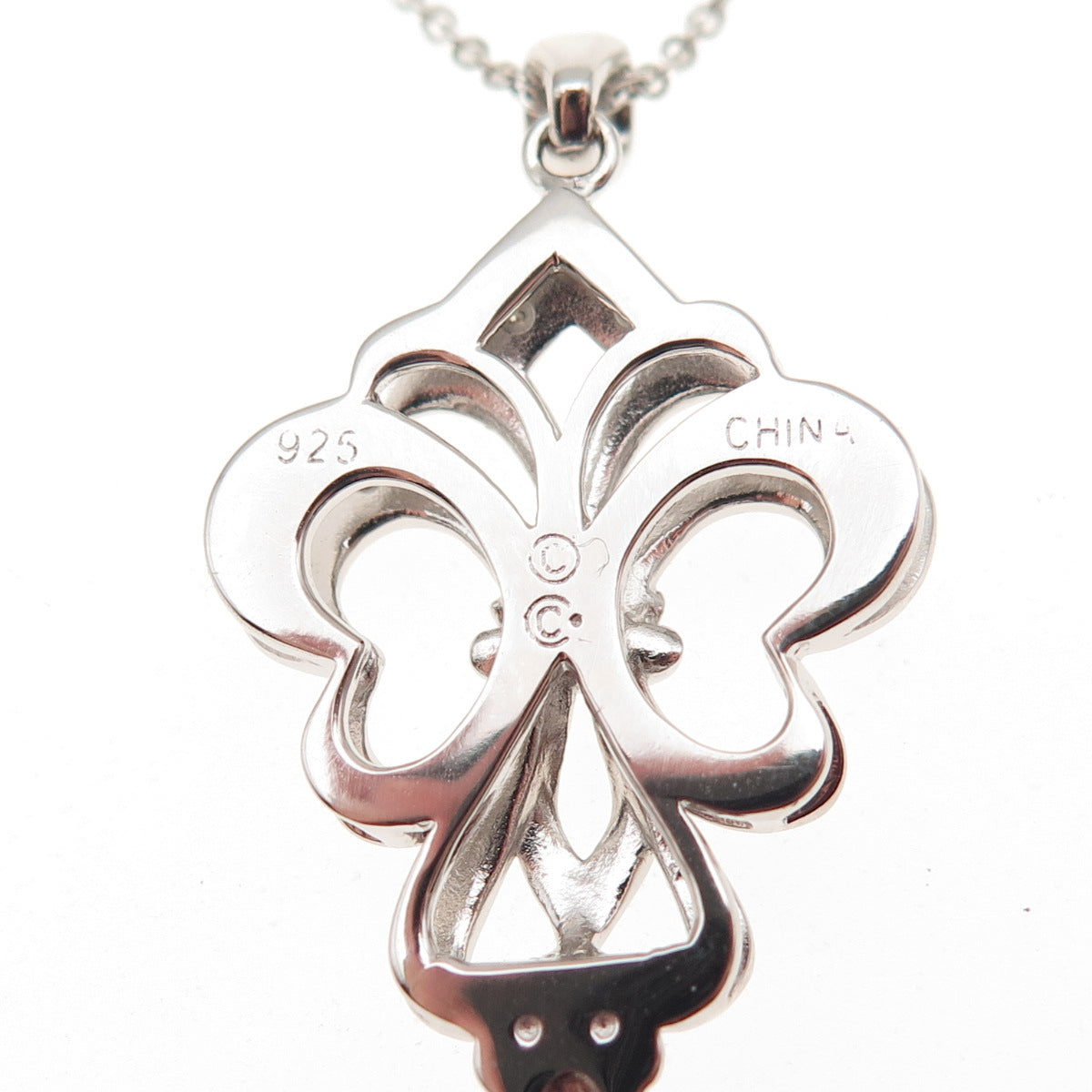 925 Sterling Silver Real Diamond Fleur de Lis Cable Chain Necklace 18"