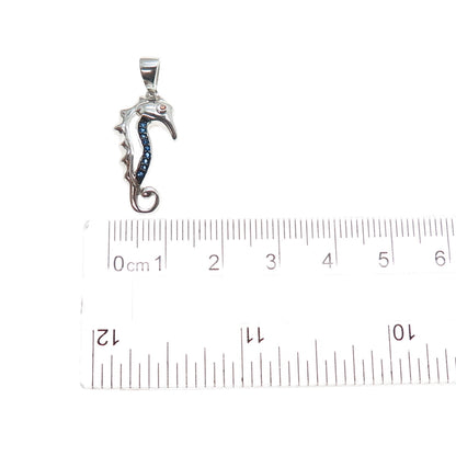 925 Sterling Silver Round-Cut Blue & Red C Z Seahorse Charm Pendant