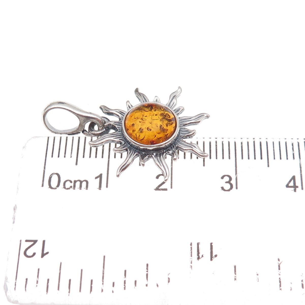 925 Sterling Silver Vintage Poland Real Amber Sun Oxidized Charm Pendant