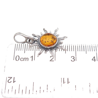 925 Sterling Silver Vintage Poland Real Amber Sun Oxidized Charm Pendant