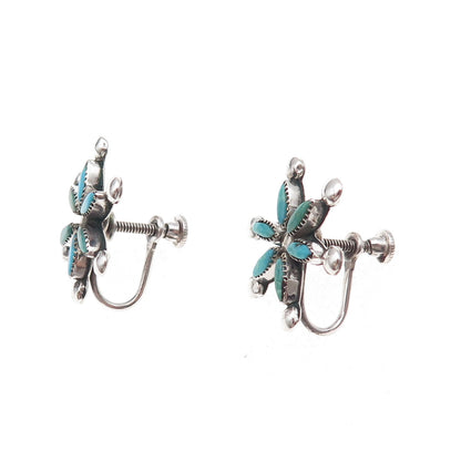Old Pawn 925 Sterling Silver Vintage Turquoise Floral Tribal Screw Back Earrings