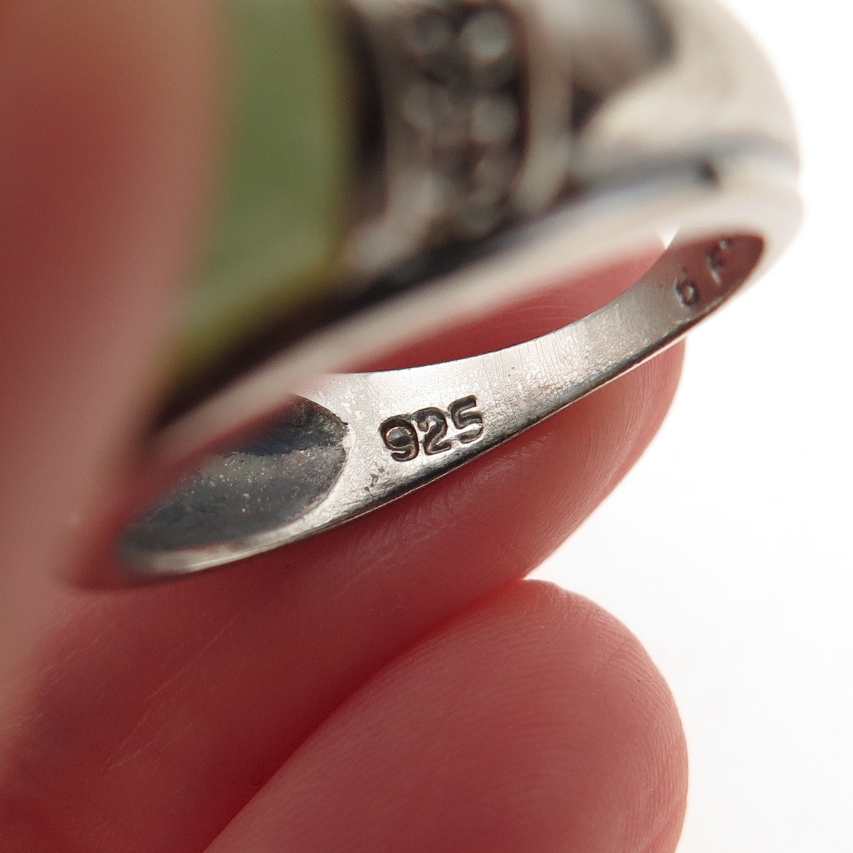 Gold Stone 925 Sterling Silver Vintage Real Jade Oxidized Ring Size 6.25