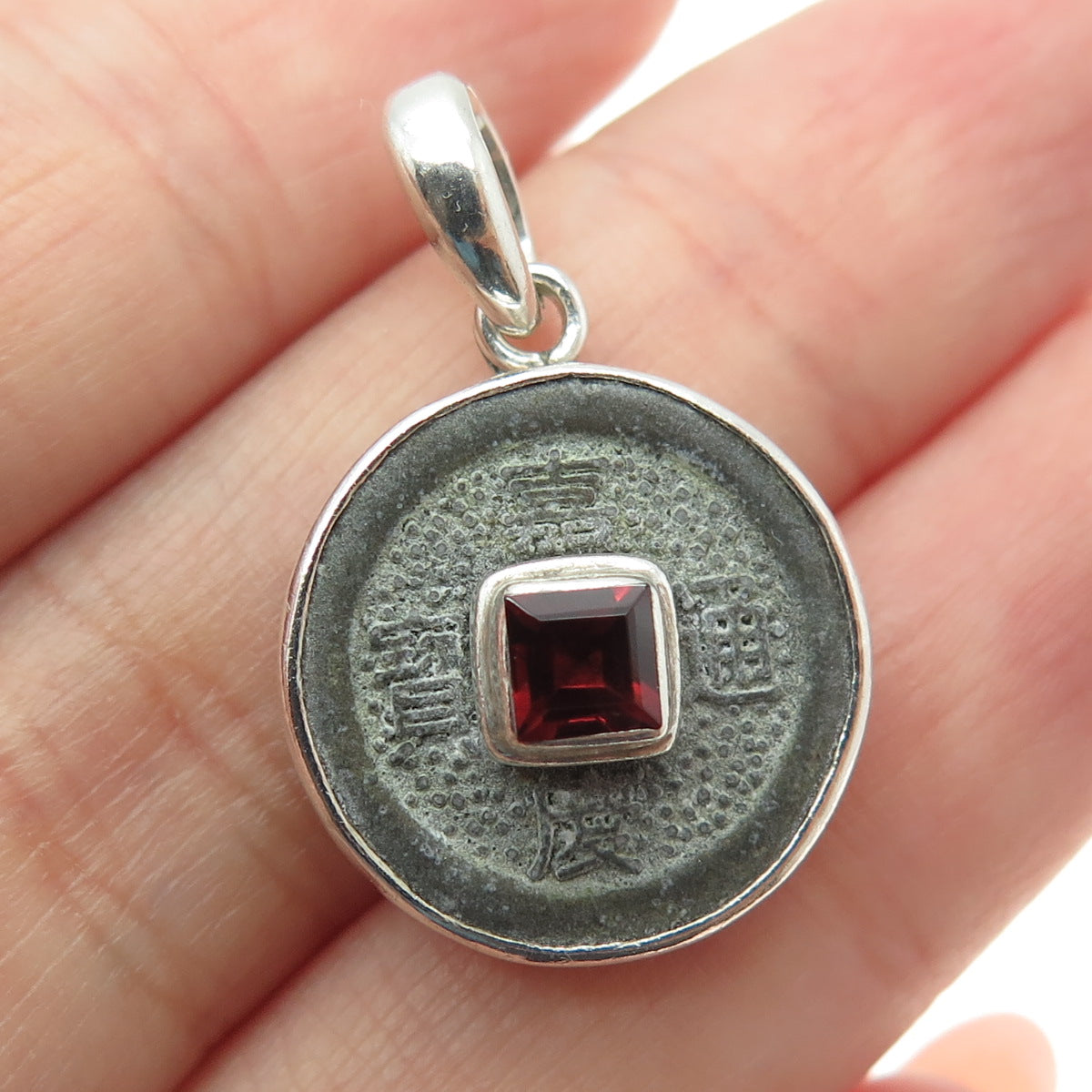 SAJEN 925 Sterling Silver Vintage Red Garnet Gemstone Chinese Coin Pendant