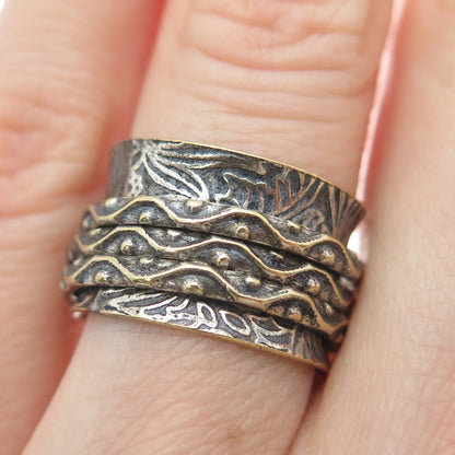 925 Sterling Silver 2-Tone Vintage Oxidized Rotating Wide Band Ring Size 5.5
