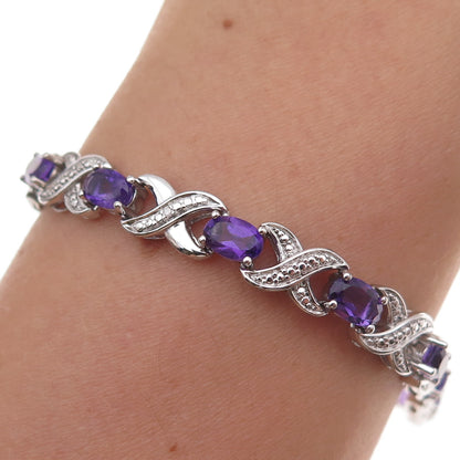 925 Sterling Silver Real Diamond & Amethyst Infinity Link Bracelet 7.25"