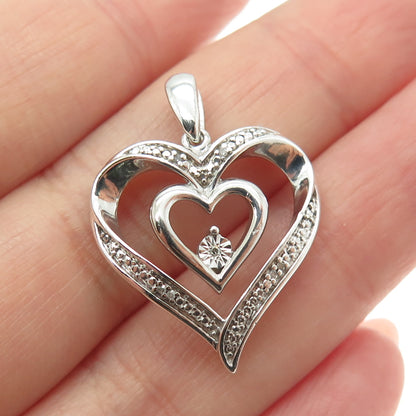 925 Sterling Silver Real Round-Cut Diamond Double Heart Pendant