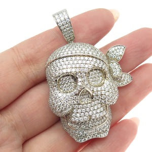 OLIVIA ICE 925 Sterling Silver Real Round-Cut Moissanite Pirate Skull Pendant
