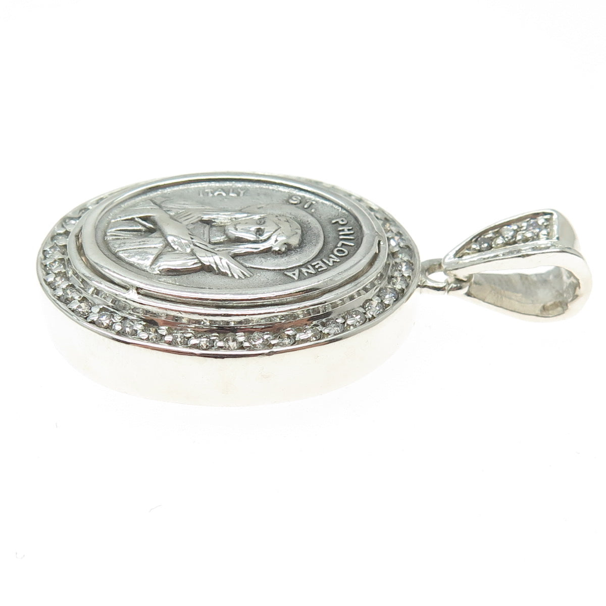 925 Sterling Silver Italy Real Round-Cut Diamond St. Philomena Pendant