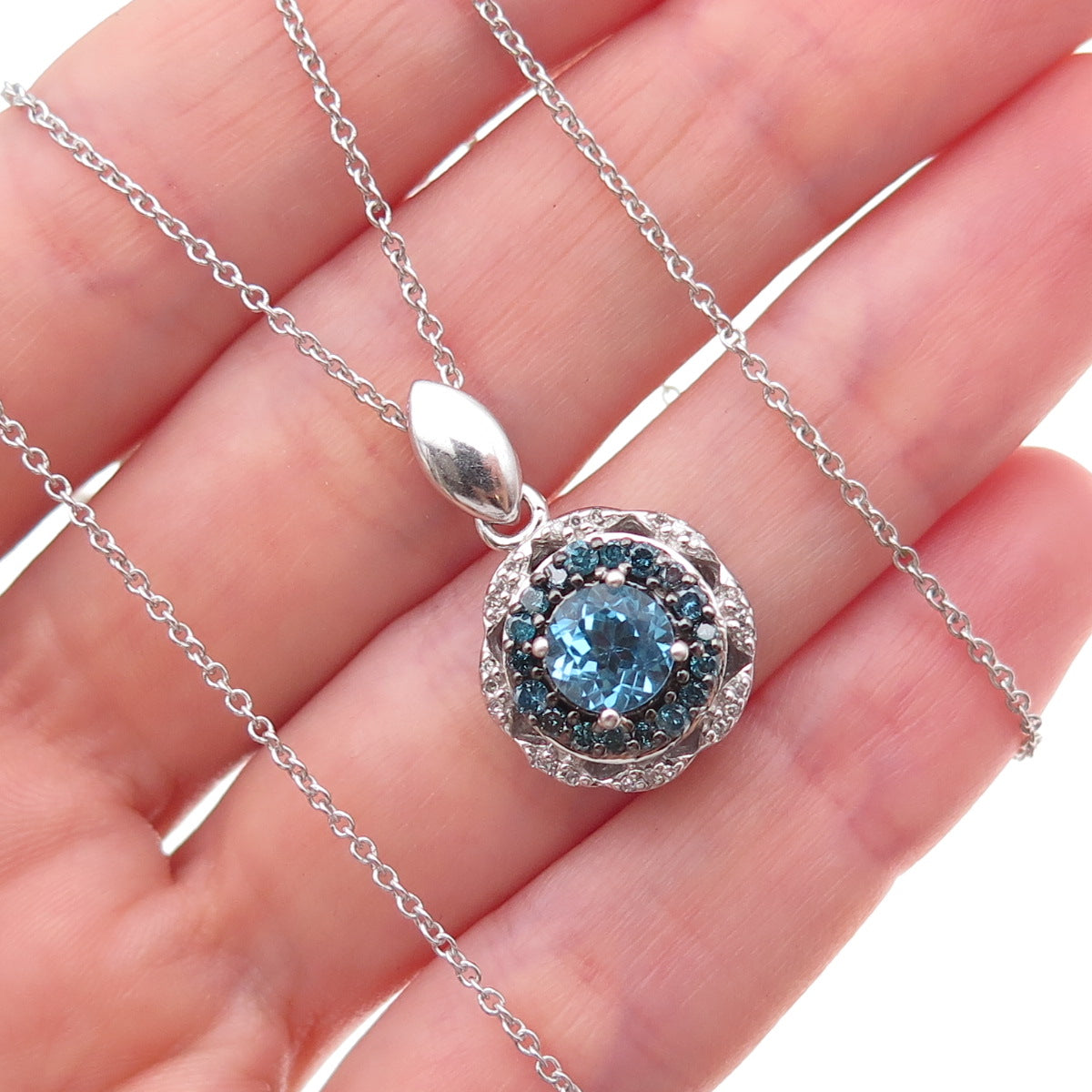 925 Sterling Real Blue & White Diamond London Topaz Cable Chain Necklace 18"