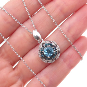 925 Sterling Real Blue & White Diamond London Topaz Cable Chain Necklace 18"