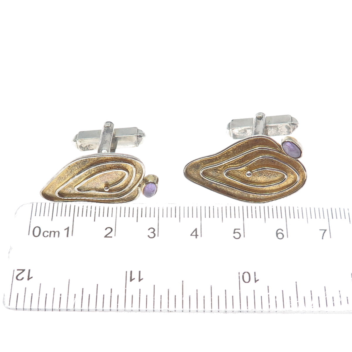 925 Sterling Silver 2-Tone Vintage Real Amethyst Gemstone Modernist Cufflinks