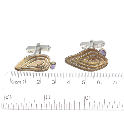 925 Sterling Silver 2-Tone Vintage Real Amethyst Gemstone Modernist Cufflinks