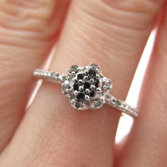 925 Sterling Silver Real Round-Cut Black & White Diamond Flower Ring Size 7