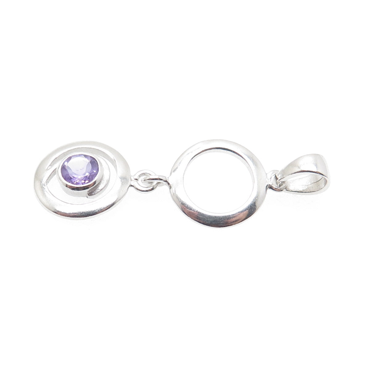 925 Sterling Silver Vintage Real Round-Cut Amethyst Circle Drop Charm Pendant