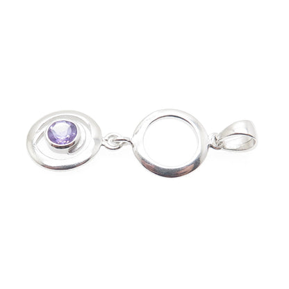 925 Sterling Silver Vintage Real Round-Cut Amethyst Circle Drop Charm Pendant