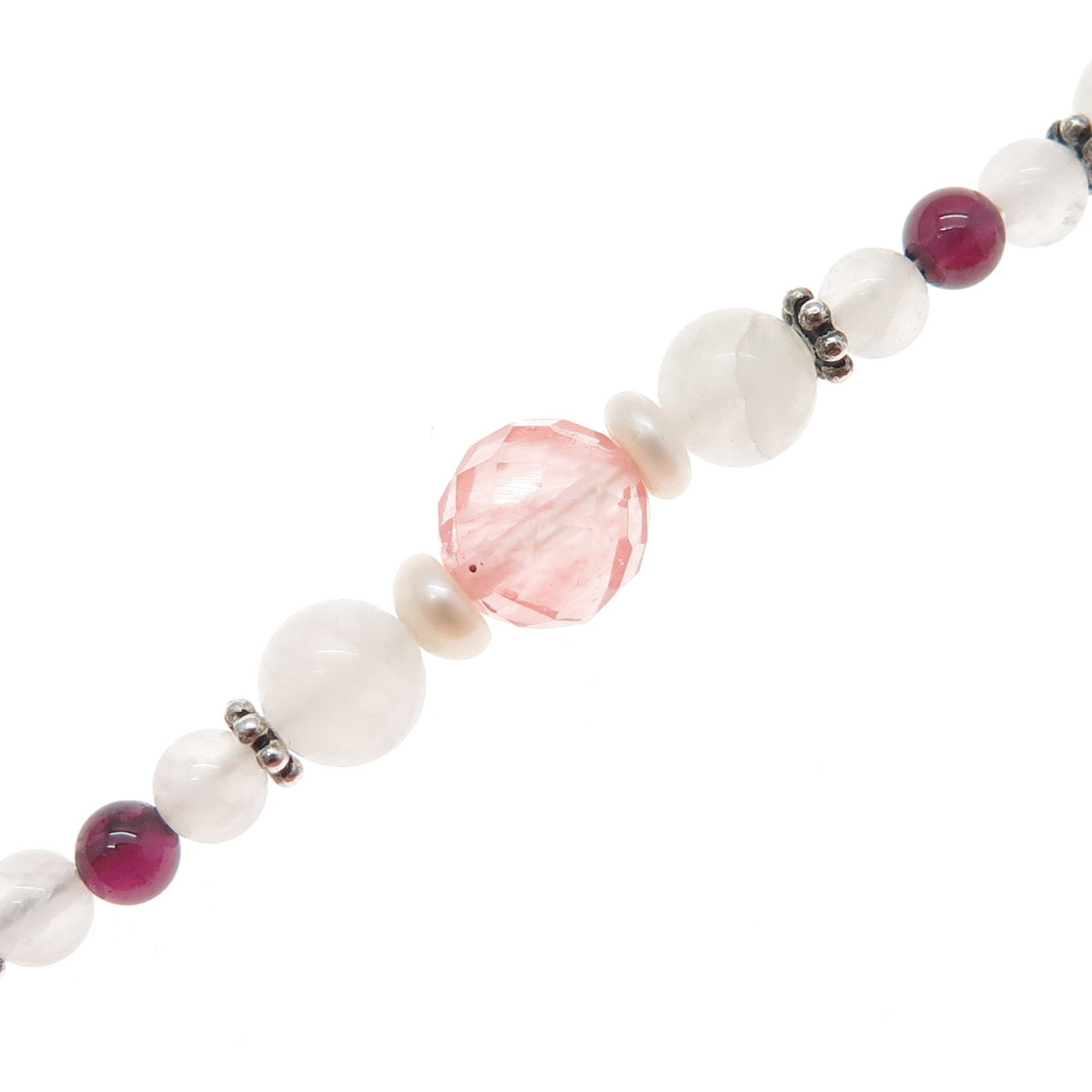 925 Sterling Vintage Rose & Cherry Quartz Tourmaline Beaded Chain Necklace 22"