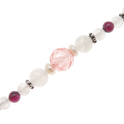 925 Sterling Vintage Rose & Cherry Quartz Tourmaline Beaded Chain Necklace 22"