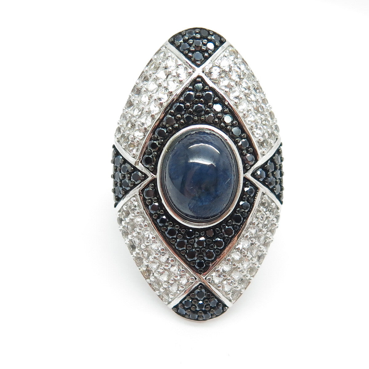 925 Sterling Silver Real Cabochon Sapphire White Topaz Black Spinel Ring Size 6