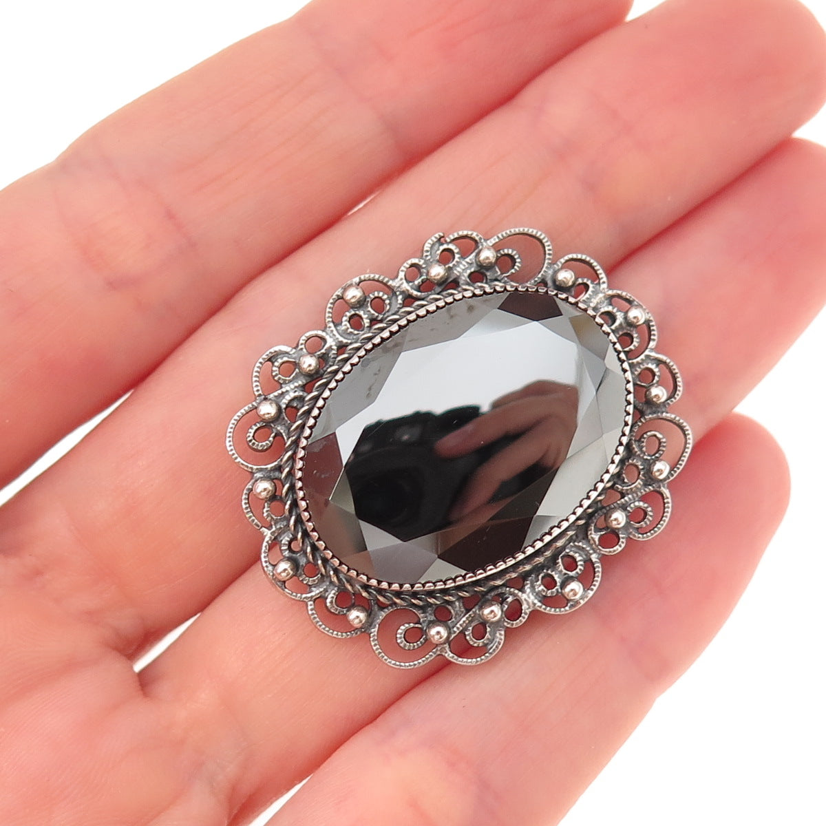 Danecraft 925 Sterling Silver Antique Art Deco Real Hematite Oxidized Pin Brooch