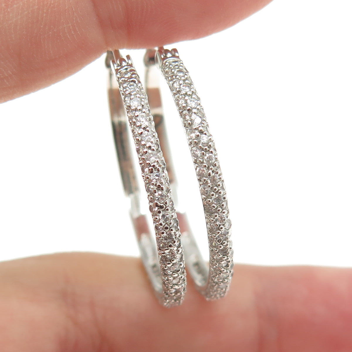 925 Sterling Silver Round-Cut C Z Hoop Earrings