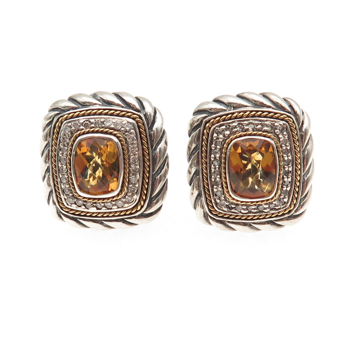 EFFY Sterling Silver 18K Gold Vintage Real Diamond & Citrine Omega Back Earrings