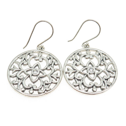 925 Sterling Silver Round-Cut C Z Ornate Floral Round Dangling Earrings