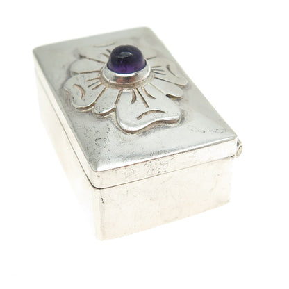 DAMASO GALLEGOS Sterling Silver Vintage Mexico Amethyst Flower Pill Snuff Box