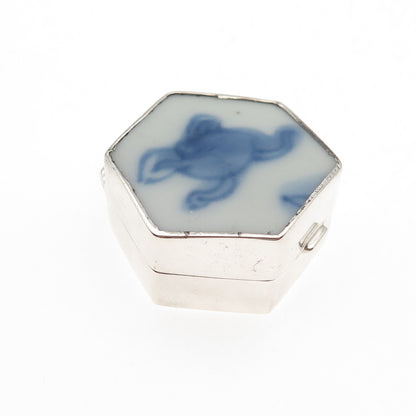 925 Sterling Silver Vintage Ceramic Floral Pill / Snuff Box
