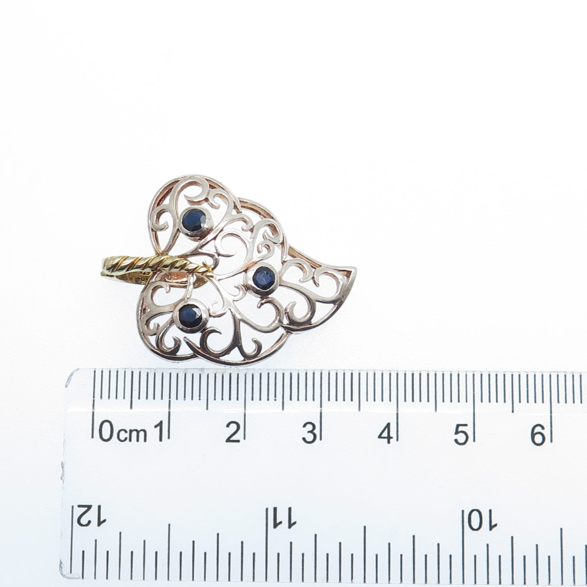 925 Sterling Silver 2-Tone Vintage Real Sapphire Floral Leaf Charm Pendant