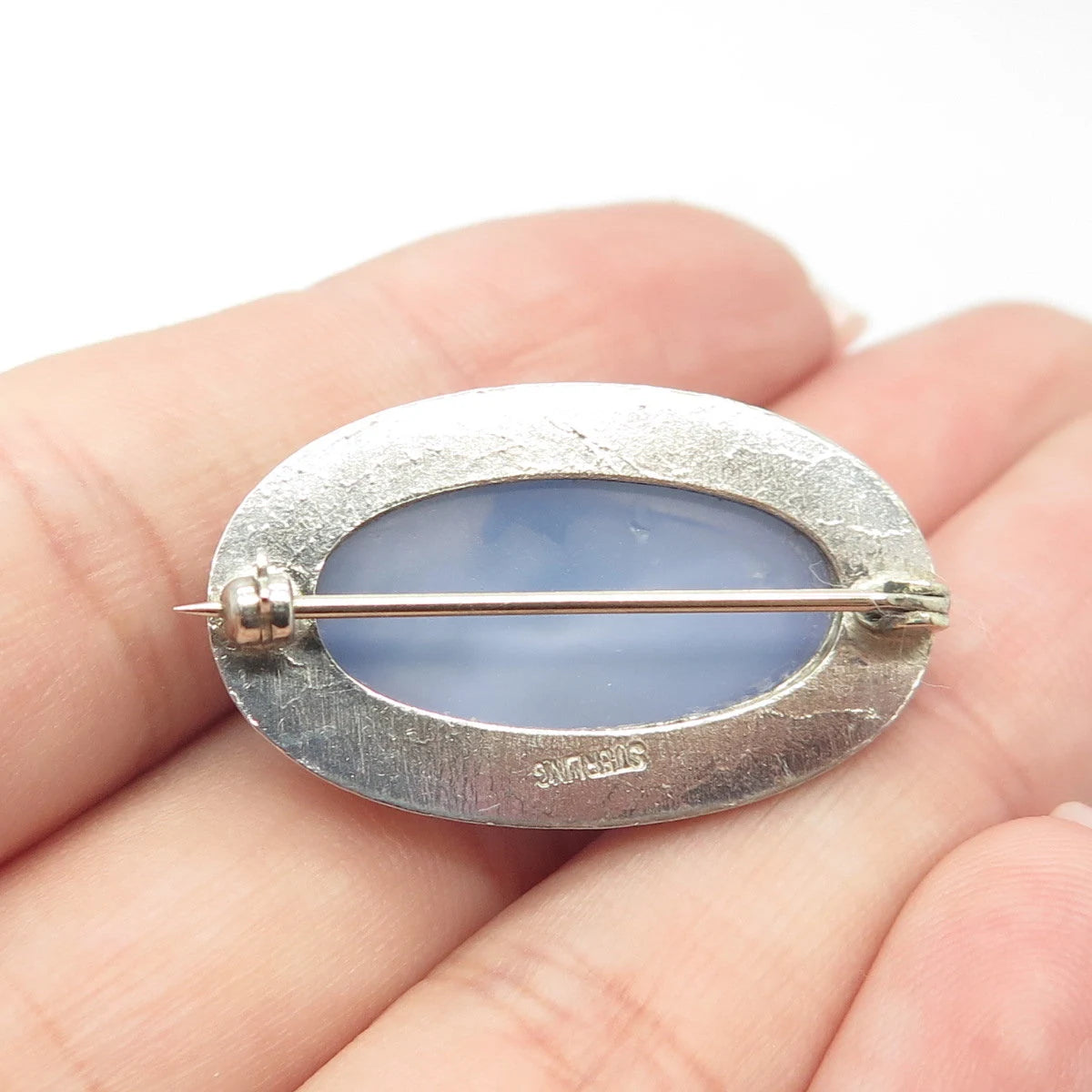 925 Sterling Silver Vintage Real Blue Glass Pin Brooch