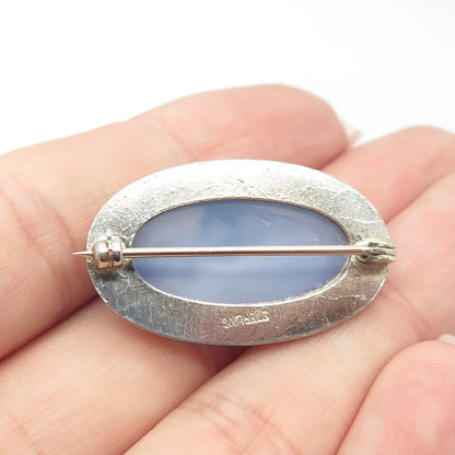 925 Sterling Silver Vintage Real Blue Glass Pin Brooch