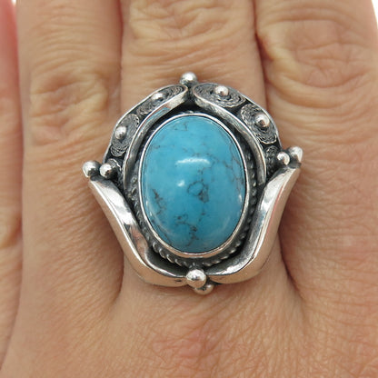 925 Sterling Silver Vintage Bisbee Turquoise Filigree Oxidized Ring Size 8.75