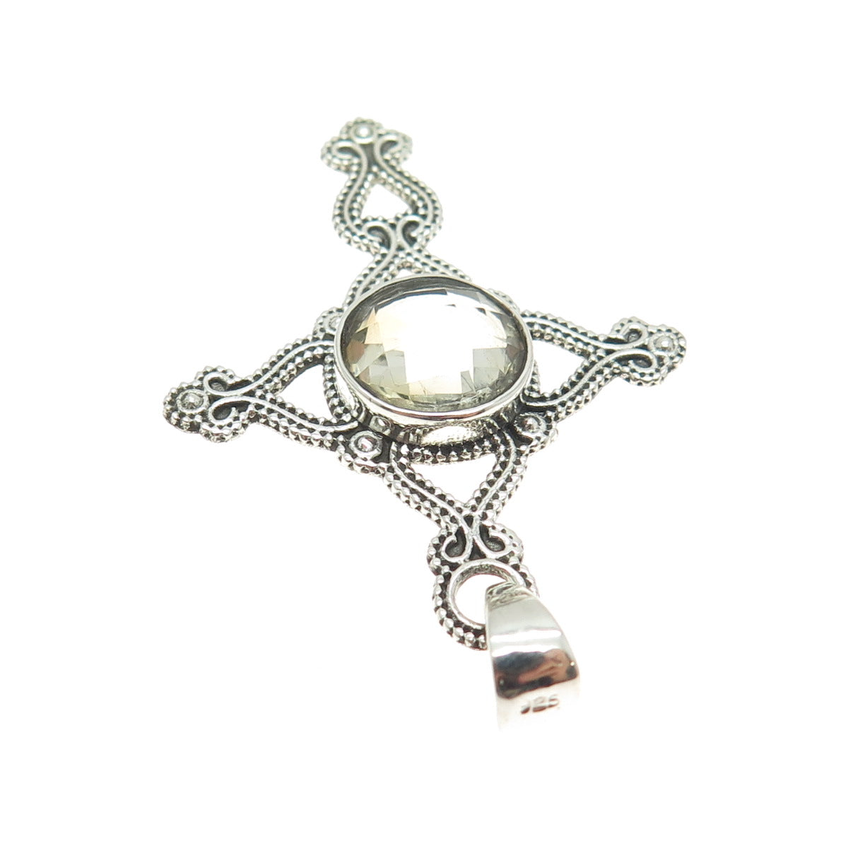 925 Sterling Silver Vintage Real Smoky Quartz Granulated Cross Pendant