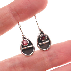 925 Sterling Silver Vintage Real Red Garnet Teardrop Oxidized Dangle Earrings
